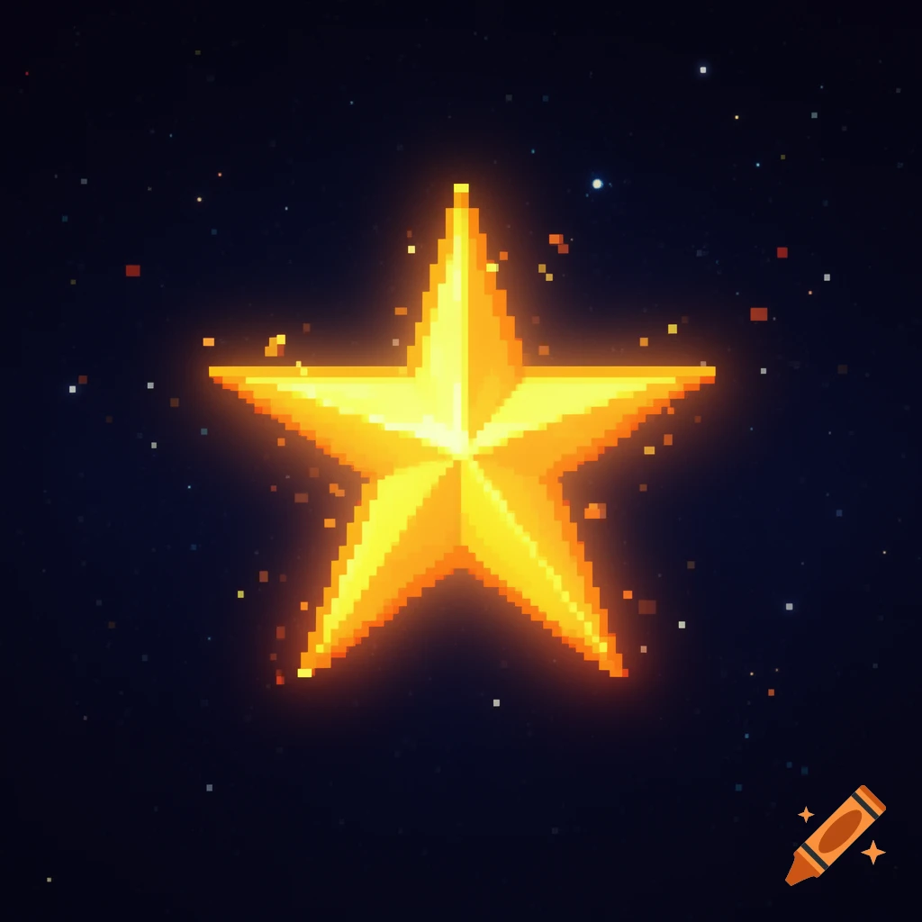 A glowing, pixelated golden star centered on a dark blue background filled with tiny twinkling pixel stars.