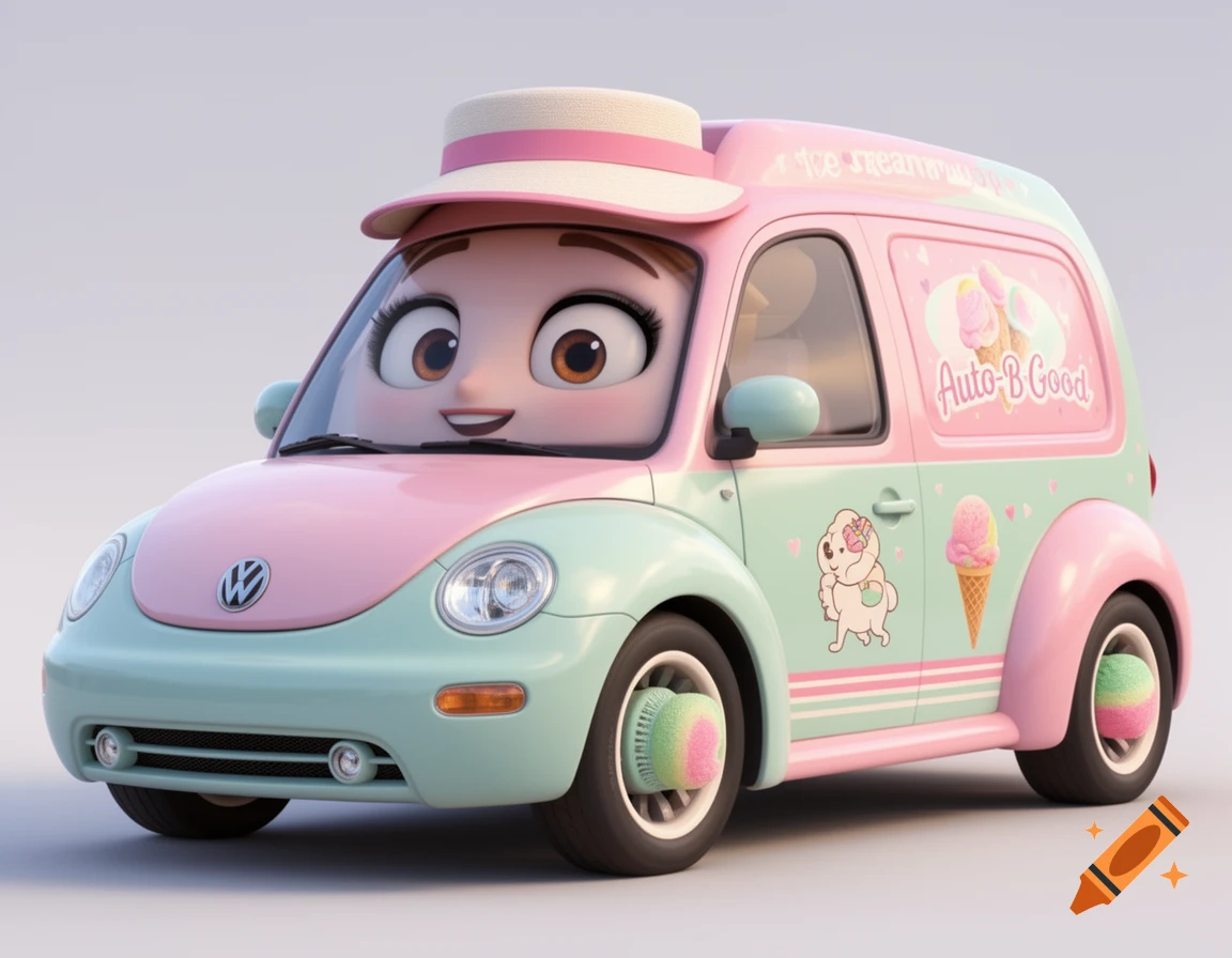 A pastel pink and mint green Volkswagen Beetle converted into a cartoon ice cream van with a face, wearing a straw sun visor, with ice cream cone decals and fuzzy pom-pom wheels.