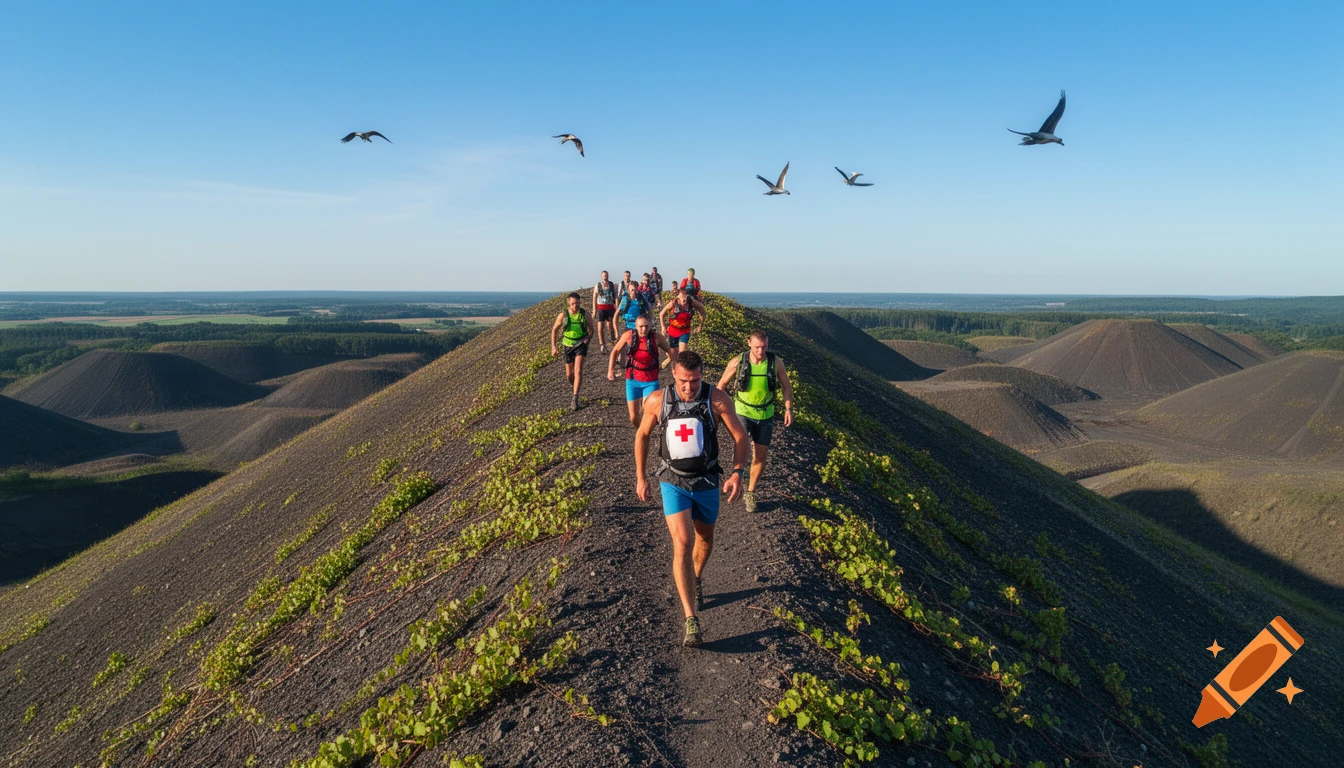 A group of hikers ascends a dark, vine-covered mound, with other similar mounds and a forested landscape in the distance, under a clear blue sky with birds flying overhead. Photorealistic style.