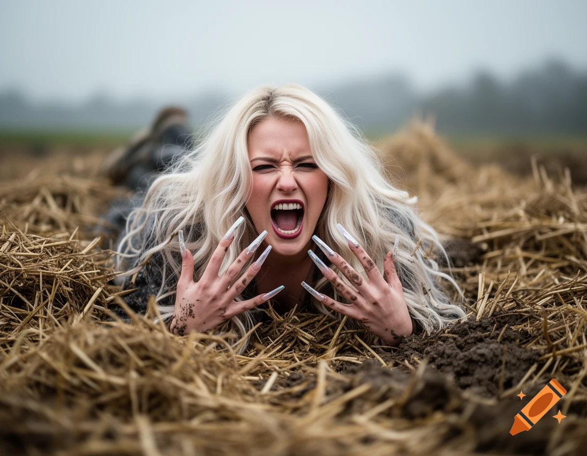 Blonde woman with very long gel nails screaming, lying in a field of straw and mud, looking distressed.