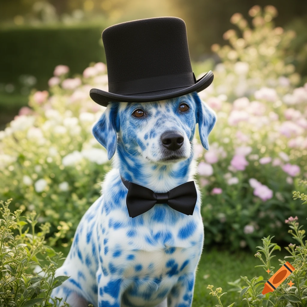A blue and white spotted dog wearing a black top hat and bowtie, sitting in a lush garden with blurred flowers.