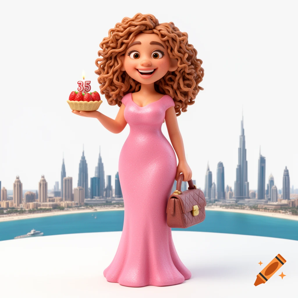 A smiling 3D Pixar-style figurine of a woman in a pink dress, holding a strawberry tart with a '35' candle, against the Dubai skyline.