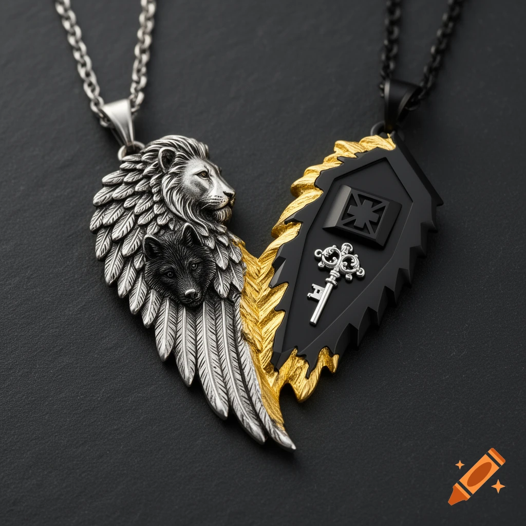 A close-up of a silver and black interlocking necklace with a lion, wolf, feathers, a key, and gold accents on a dark background, photorealistic.