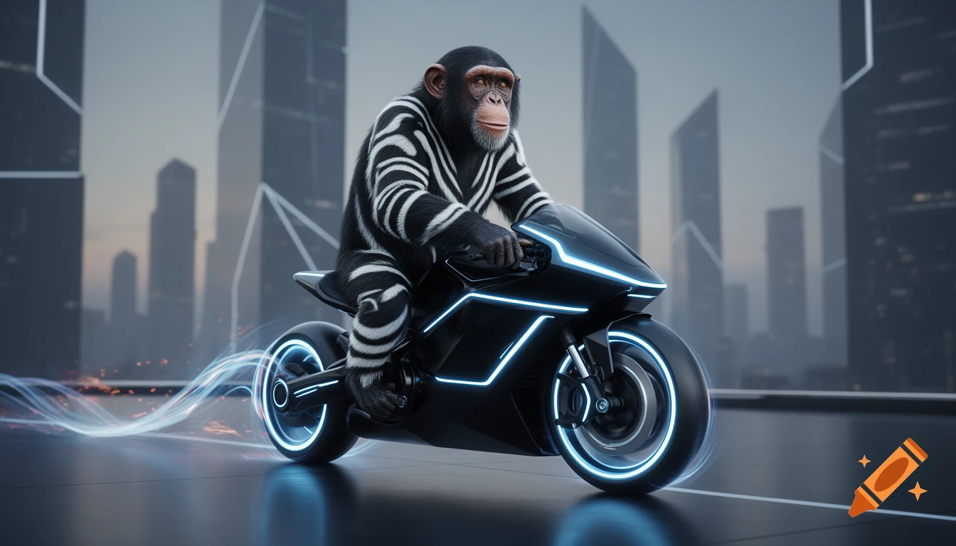 A chimpanzee wearing a black and white zebra-striped suit rides a glowing black and blue futuristic motorcycle through a city.