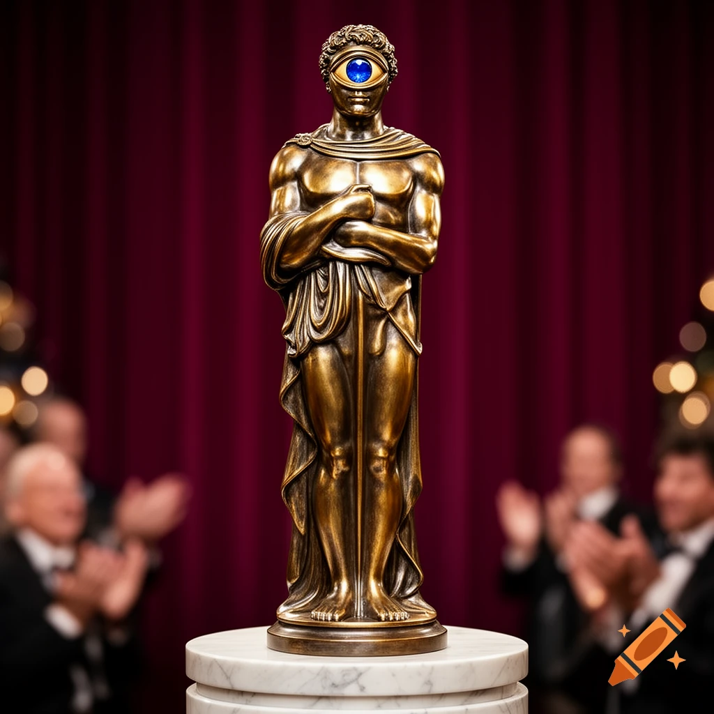 A bronze cyclops statue resembling an Oscar award on a marble pedestal, with a red curtain background.