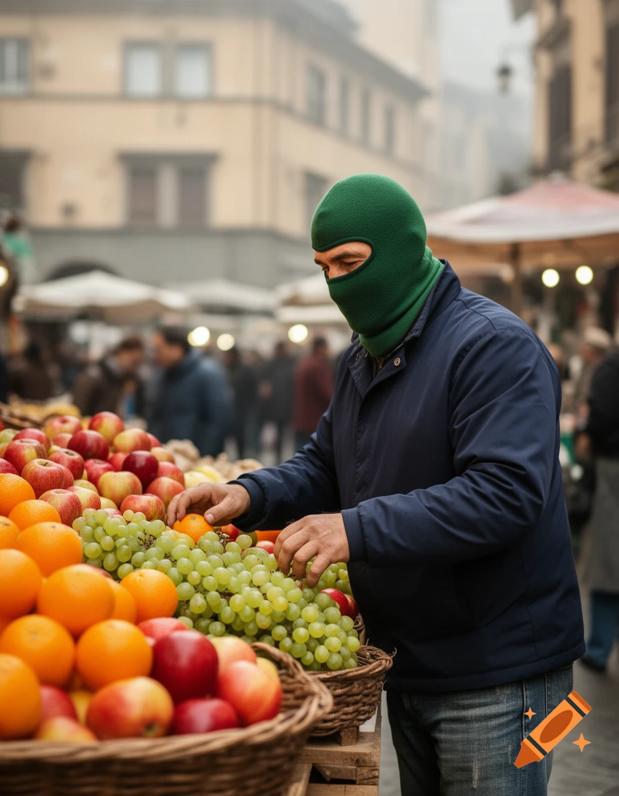 A person wearing a green balaclava examines fruit at a street market stall filled with apples, oranges, and grapes.