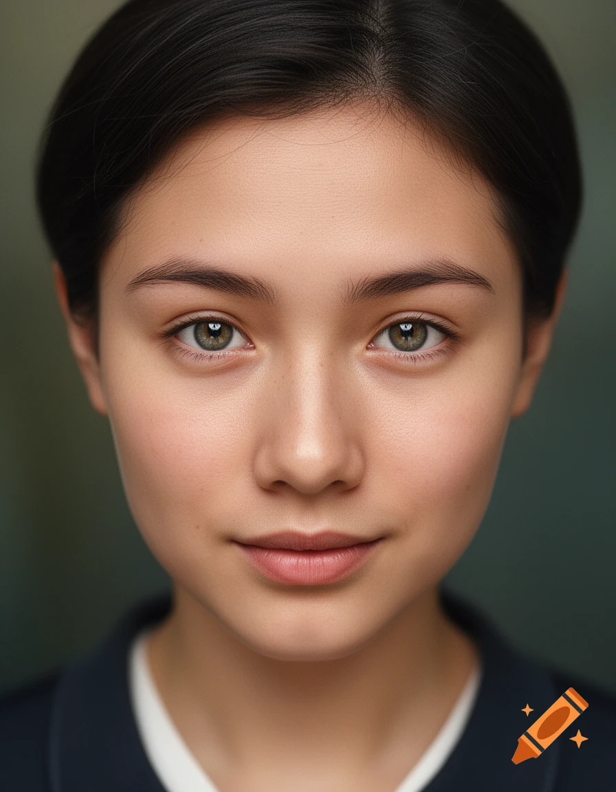 Close-up photorealistic portrait of a young woman with dark hair and green eyes, looking forward.
