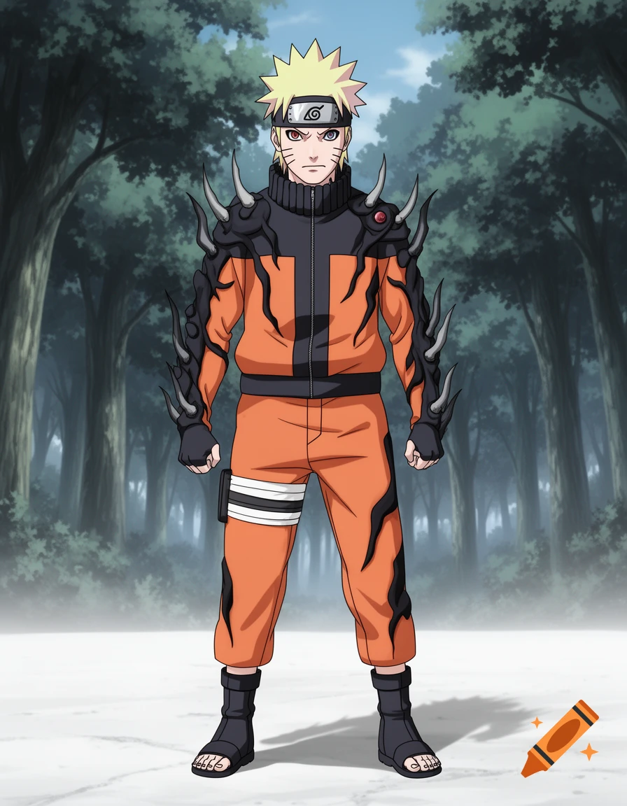 Anime style Naruto in a black and orange suit with dark spiky armor, standing in a forest.