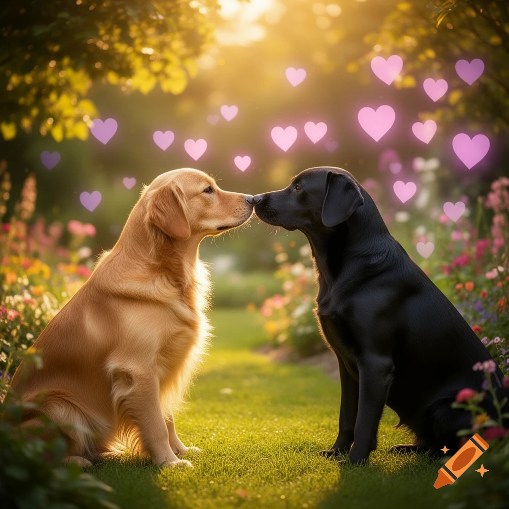 A golden retriever and a black dog touch noses in a sunlit garden with glowing pink hearts.