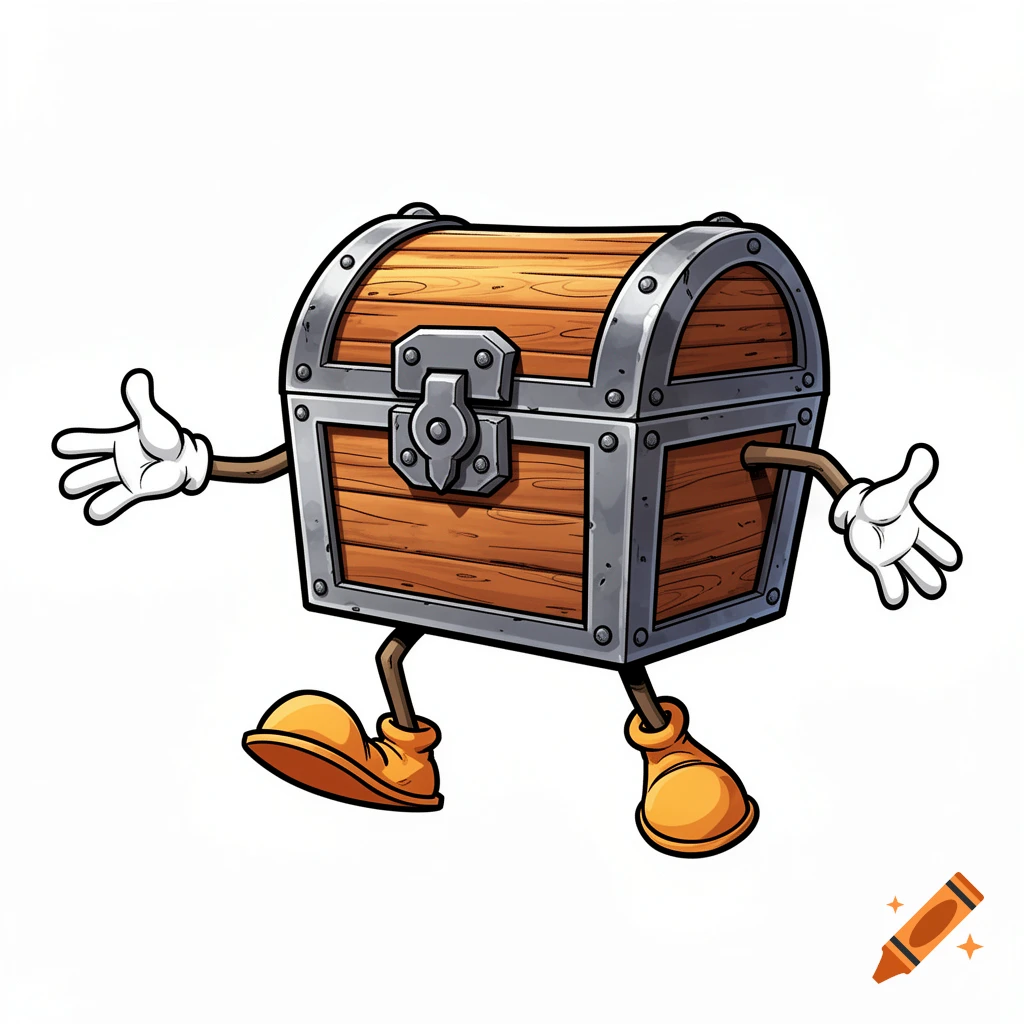 A cartoon wooden treasure chest with metal accents, white gloved hands, and orange boots, standing on a white background.