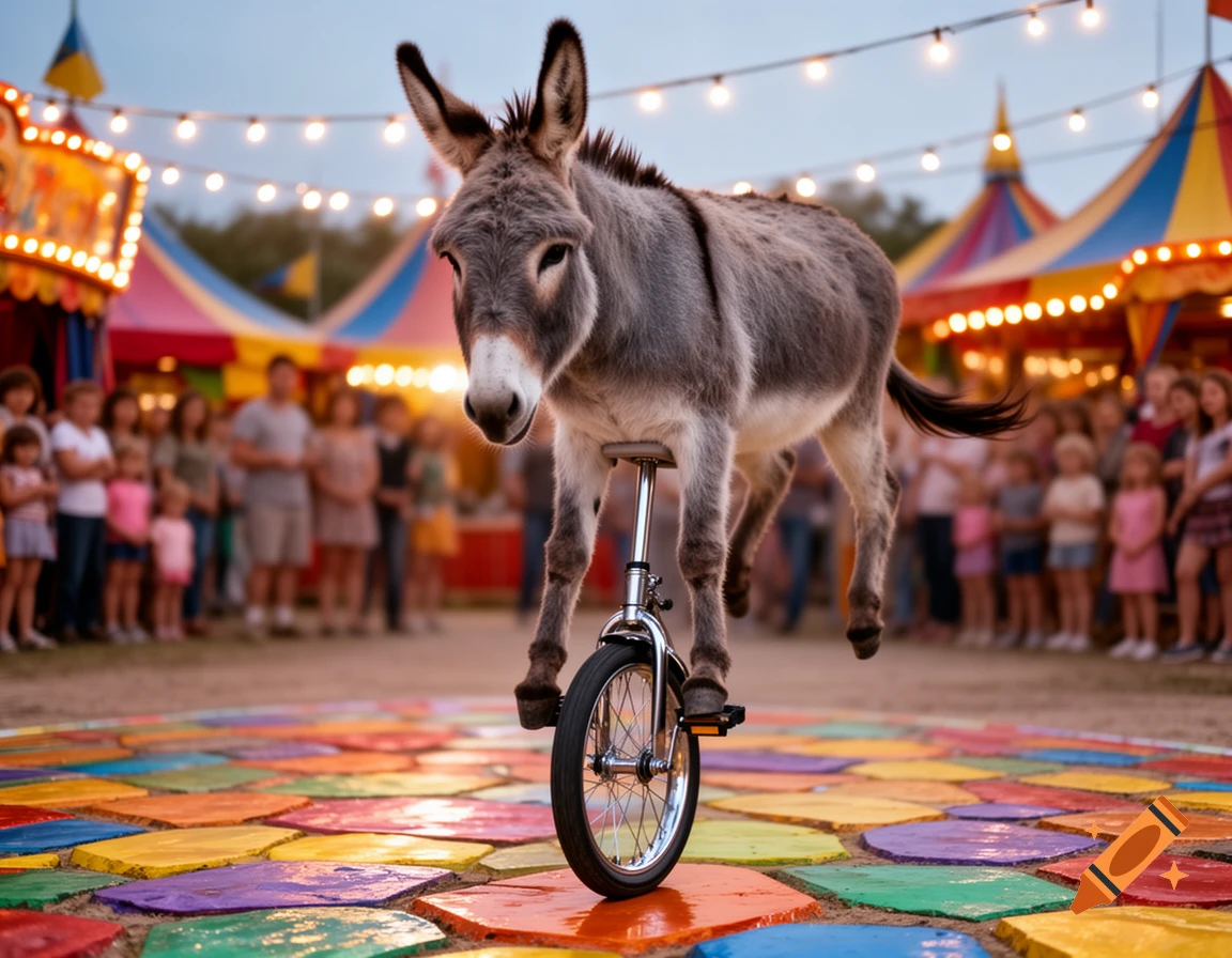 A gray donkey rides a unicycle on a colorful patterned ground, with carnival tents and string lights in the background and a blurry crowd watching.