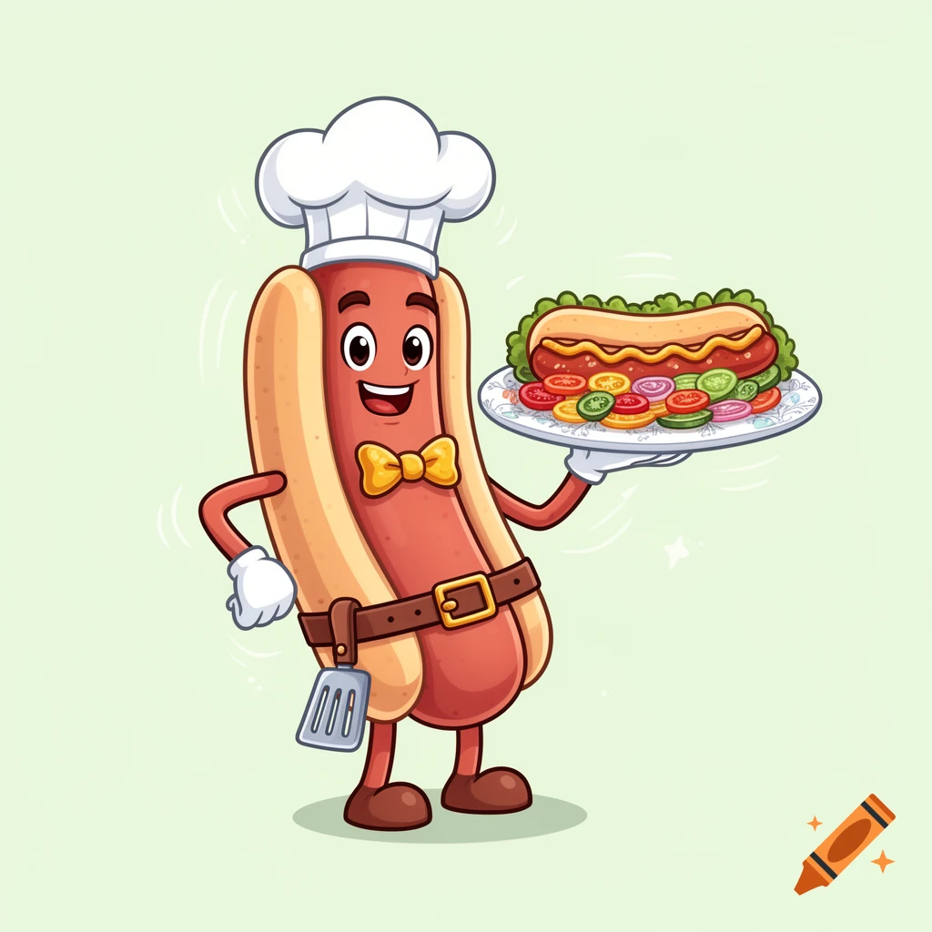 A cheerful 2D cartoon hotdog chef wearing a chef's hat and bowtie, holding a plate with a fully loaded hotdog.