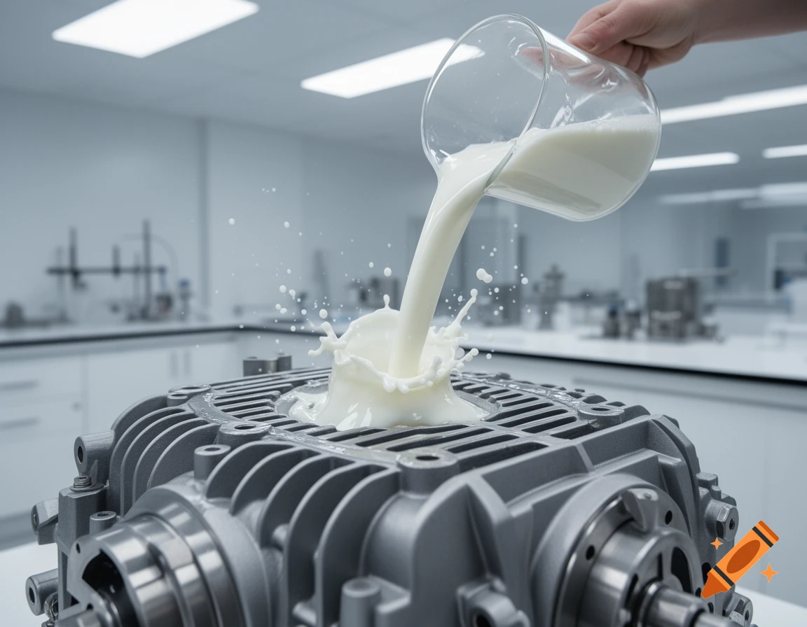 A hand pours white milk from a glass beaker onto a gray industrial machine part, creating a splash in a sterile laboratory setting.