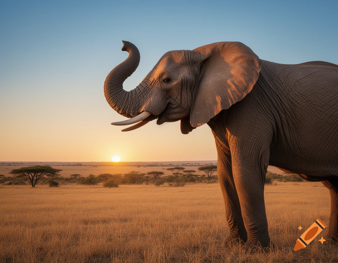 A photorealistic African elephant with its trunk raised stands in a golden savanna at sunset.