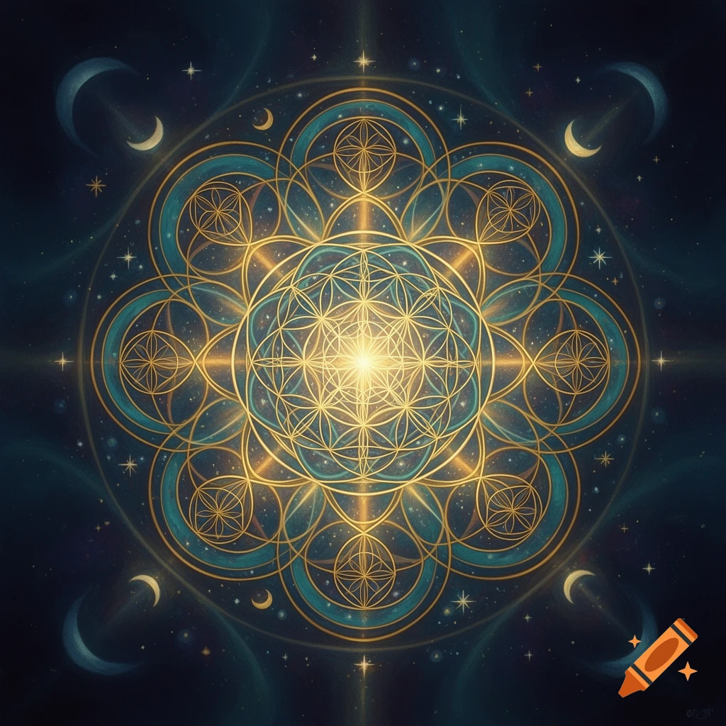 A luminous golden sacred geometry mandala with teal accents on a dark blue starry background with crescent moons.