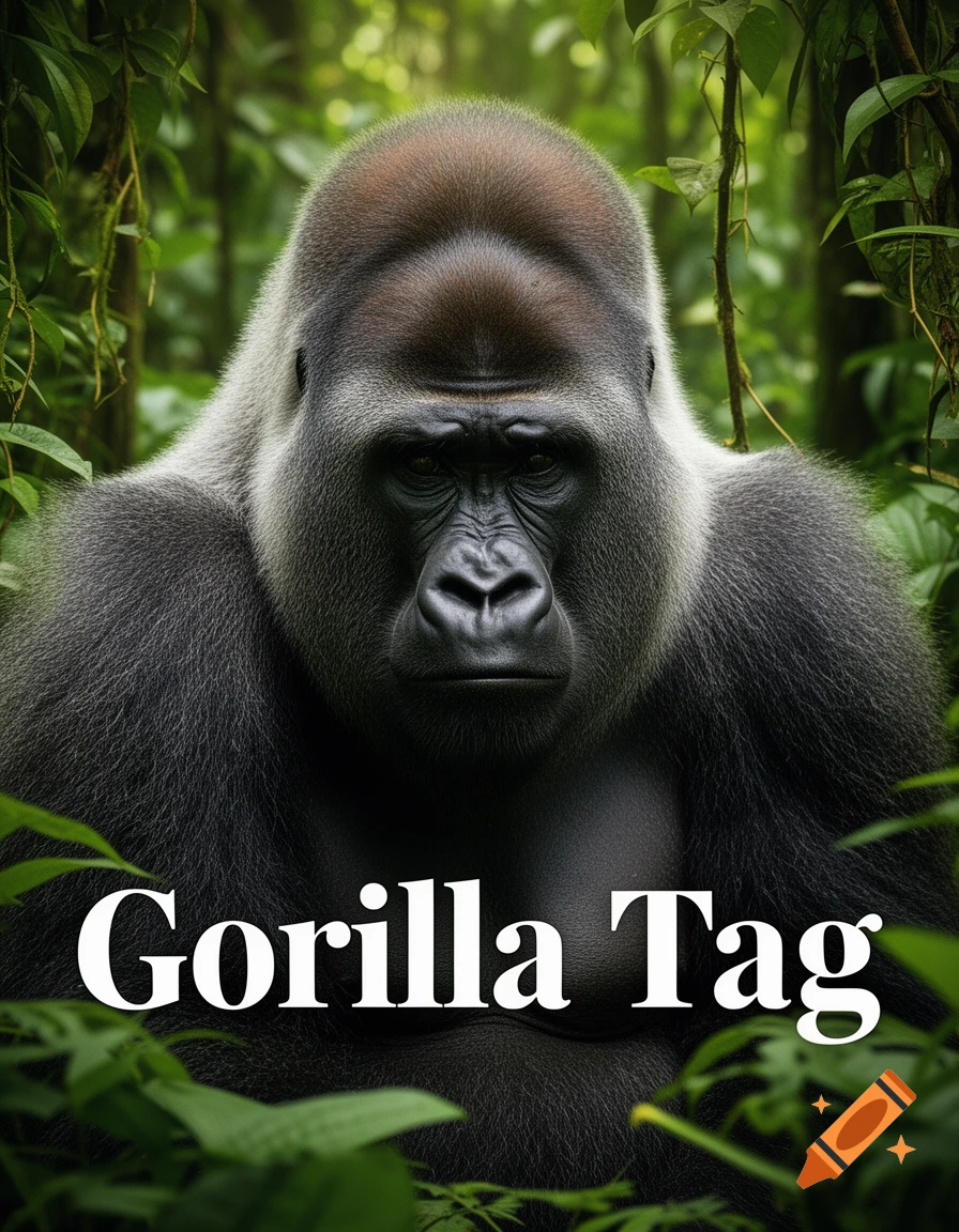 A photorealistic close-up of a silverback gorilla in a jungle, with the title 'Gorilla Tag' below.