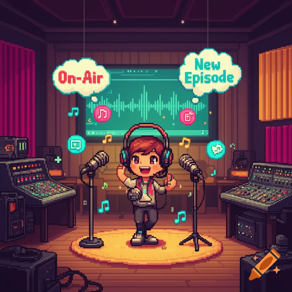 Pixel art of a happy podcast creator in a studio with 'On-Air' and 'New Episode' text bubbles.