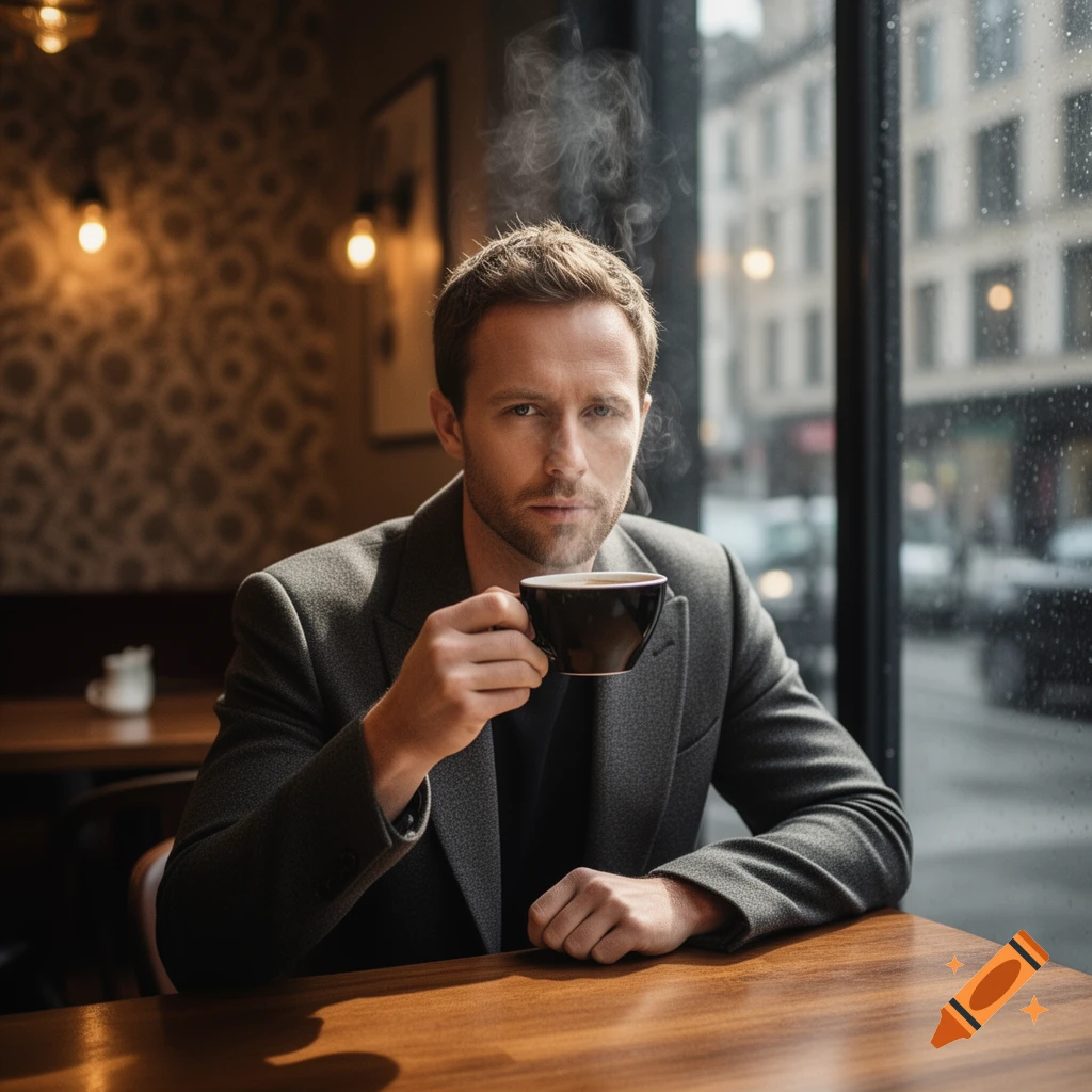 A photorealistic image of a man in a dark jacket sitting at a wooden table in a cafe, holding a steaming coffee cup and looking at the viewer.