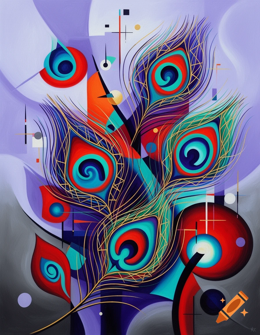 Vibrant, abstract peacock feathers in a geometric Kandinsky style with red, blue, green, and gold accents.
