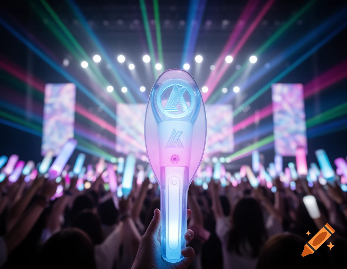 Close-up of a person holding a glowing pink and blue K-pop lightstick at a vibrant concert with a blurred crowd and stage lights.