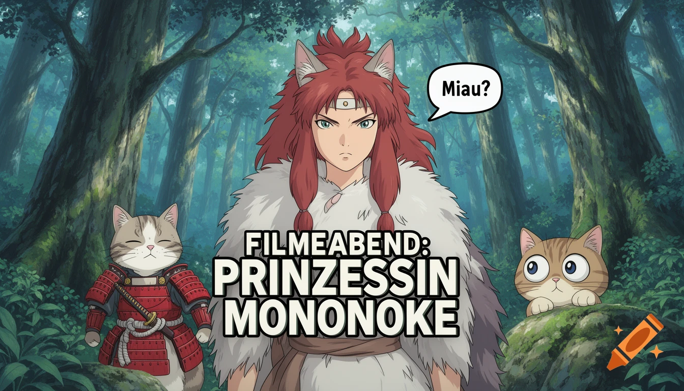 Anime-style character with red hair and cat ears, dressed in fur, stands in a forest with a samurai cat and another wide-eyed cat. Text reads 'FILMEABEND: PRINZESSIN MONONOKE' and 'Miau?'.