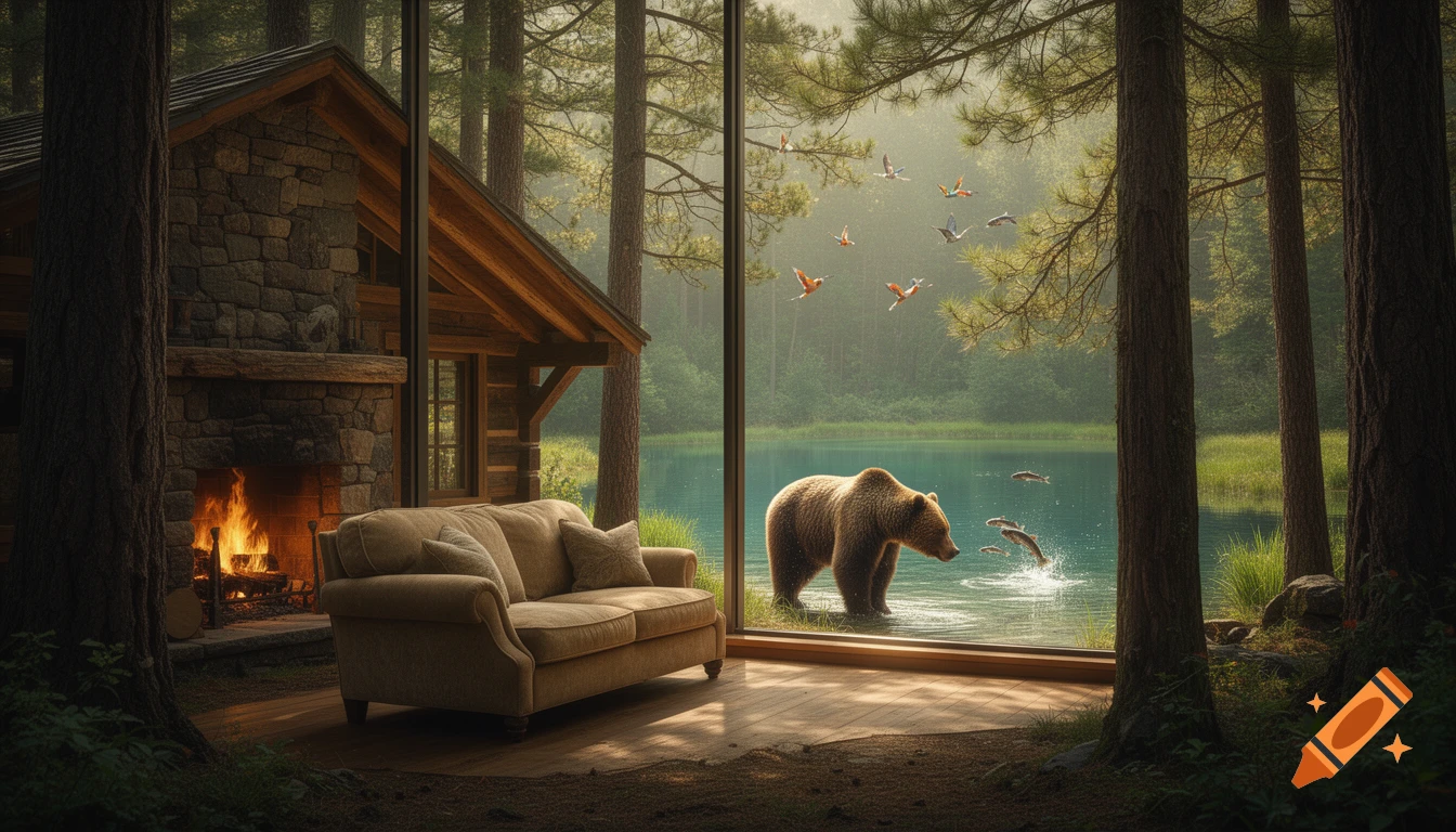 A cozy cabin with a sofa and a fireplace inside, looking out through a large window at a bear in a lake catching fish, with birds flying in a sunlit forest.