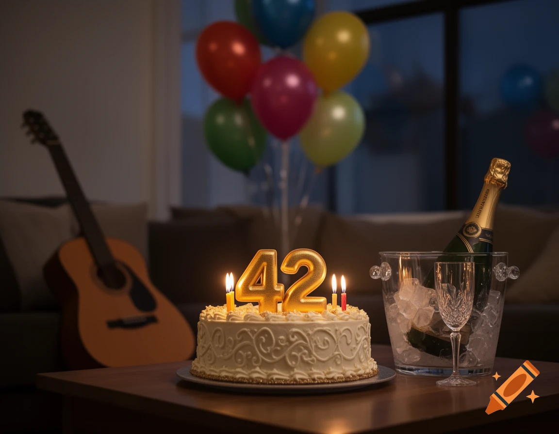 Photorealistic image of a white birthday cake with '42' candles, champagne, colorful balloons, and a guitar, in a dimly lit room.