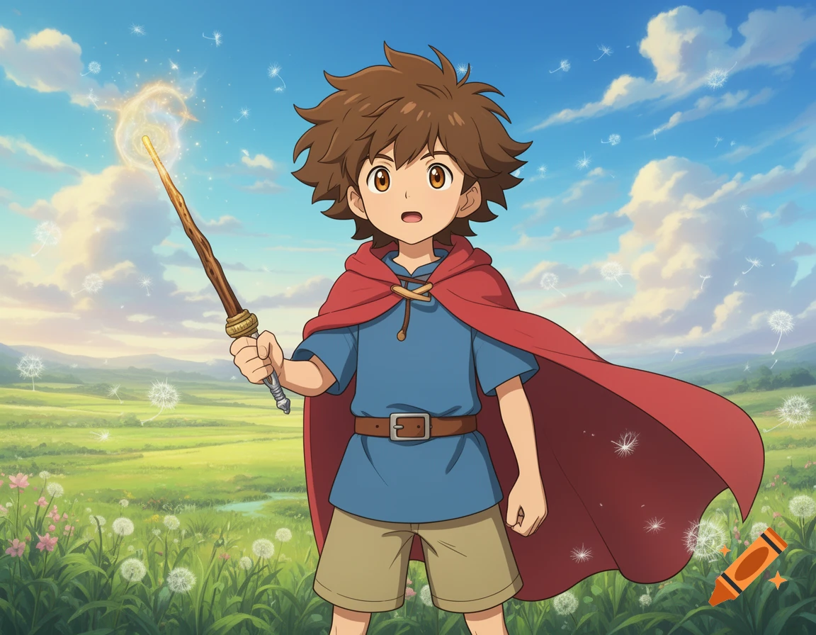 Anime boy with brown hair and a red cape, holding a glowing magic wand in a dandelion field under a blue sky.