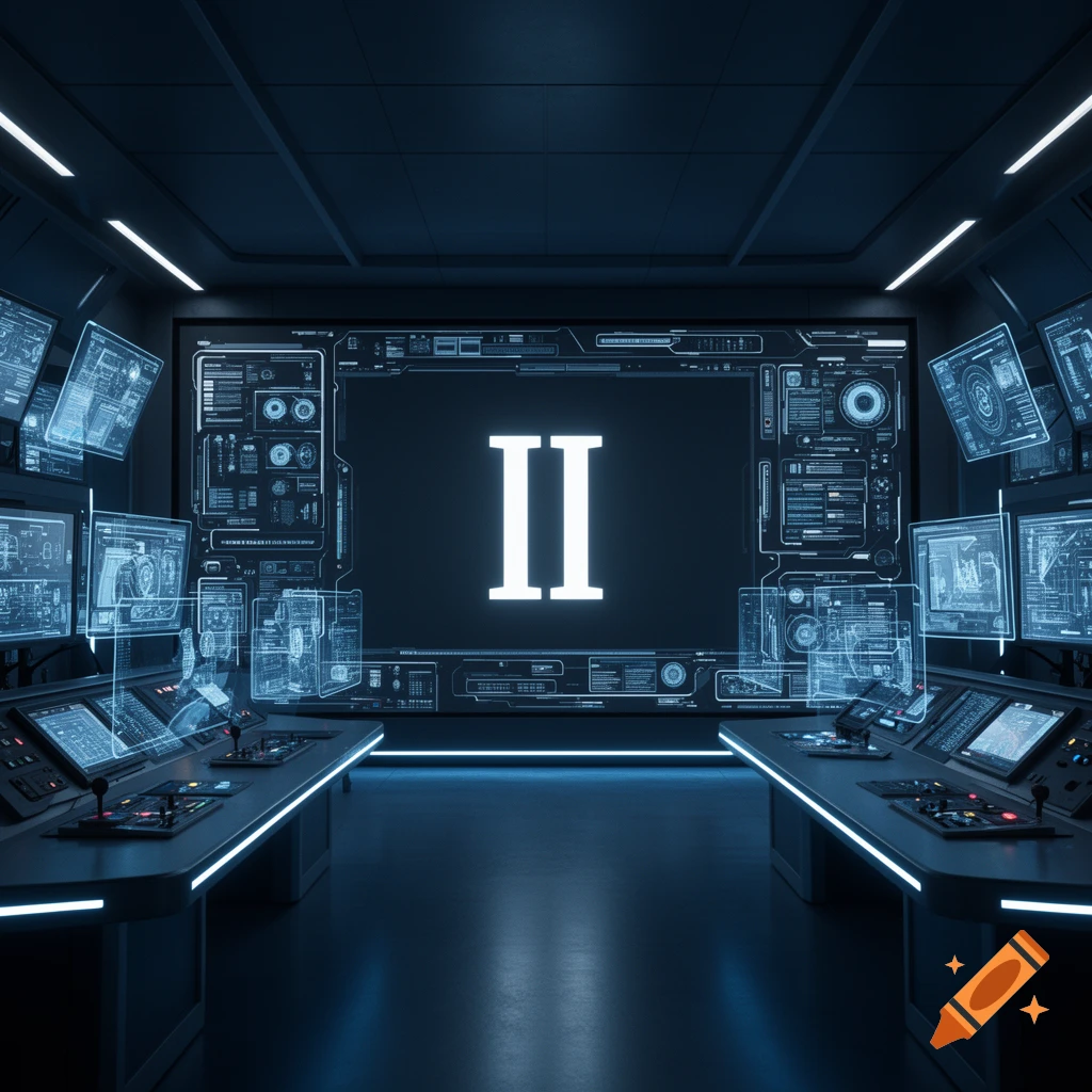 A futuristic control room with multiple holographic displays and control panels, featuring a large central screen displaying the Roman numeral 'II'.