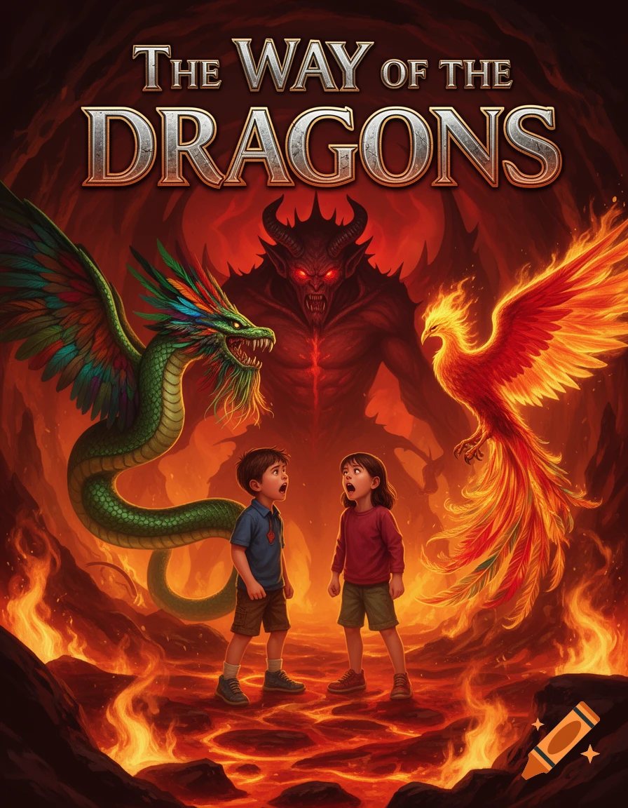 Book cover showing two children gazing up at a red demon, a green winged serpent, and a phoenix in a fiery underworld.
