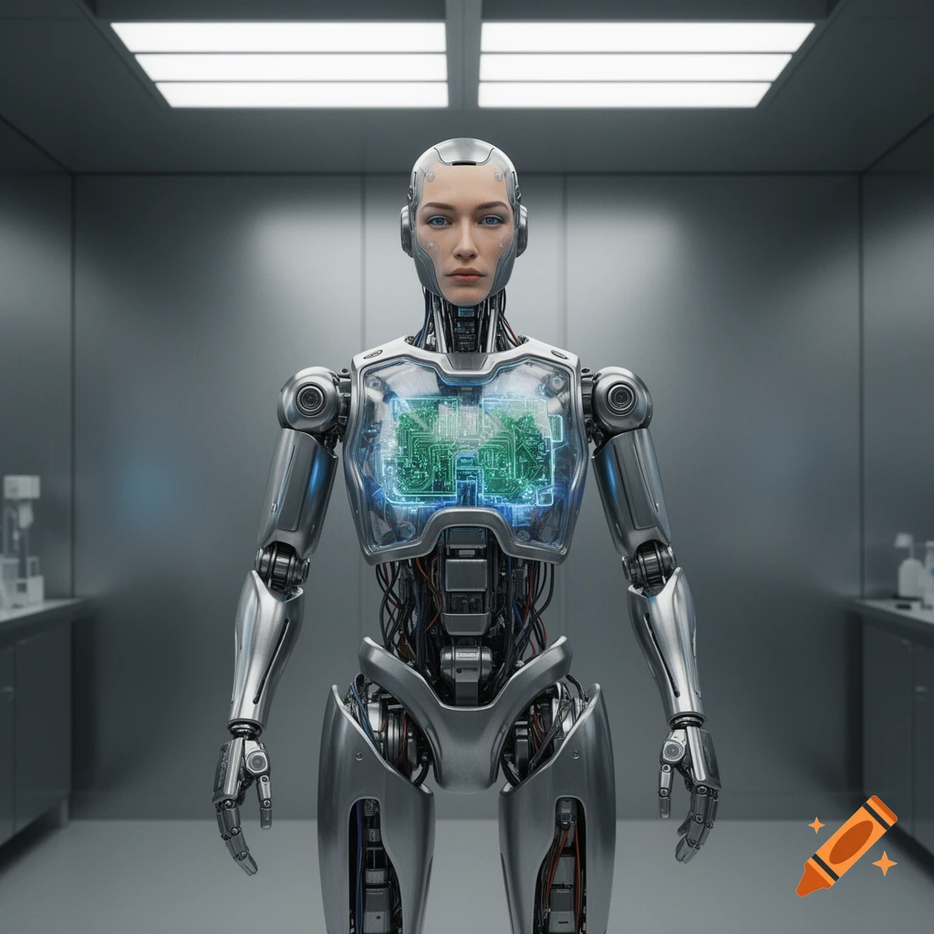 Photorealistic image of a human-faced robot with a transparent chest revealing glowing circuit boards, standing in a lab.