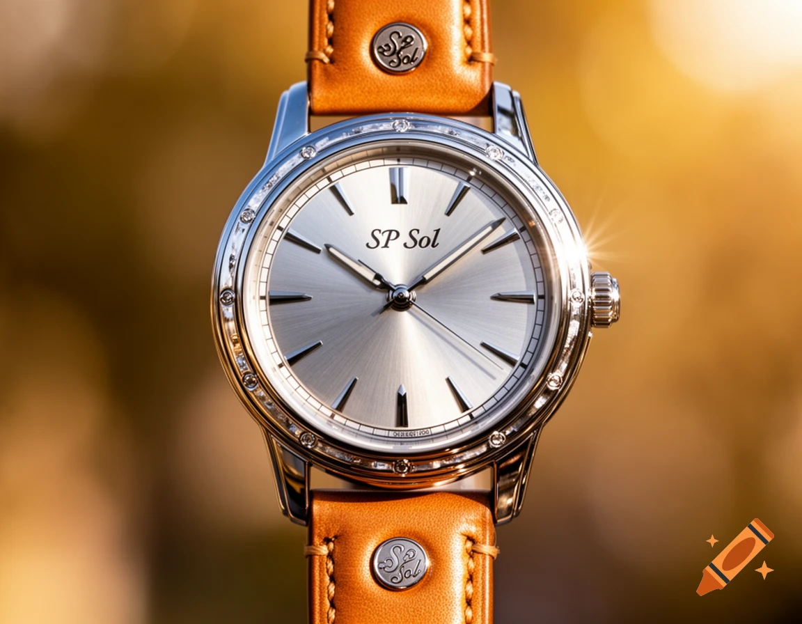 Close-up of a silver wristwatch with a brown leather strap, featuring a metallic sunburst dial and 'SP Sol' text, against a warm, blurred background.