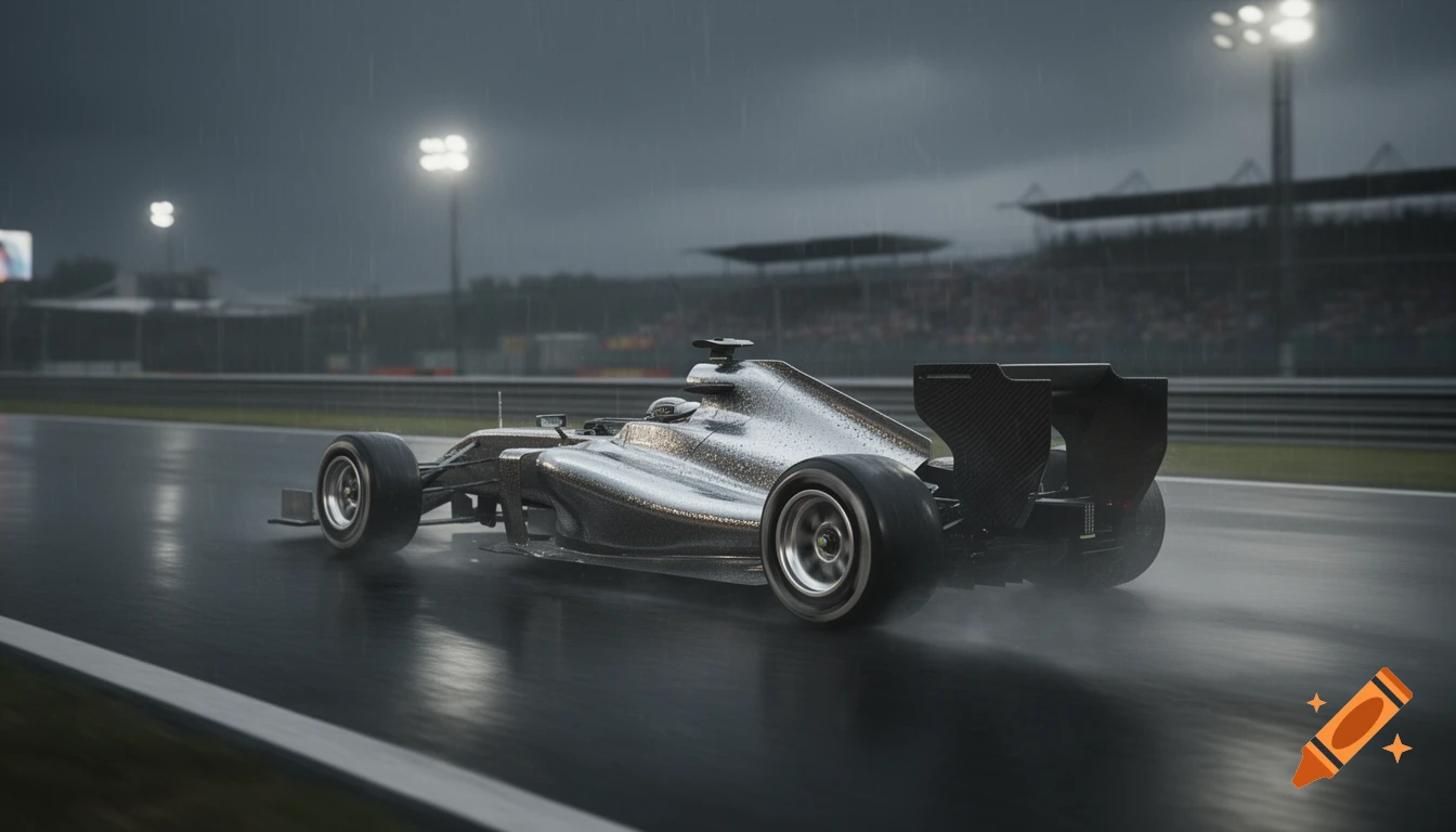 Photorealistic silver F1-style race car on a wet track under stadium lights in the rain.
