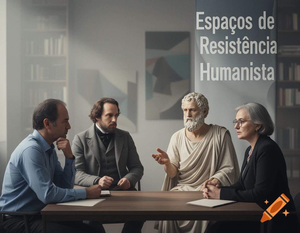 Four individuals, including a classical bust resembling Socrates, discuss around a wooden table. A banner reads "Espaços de Resistência Humanista".