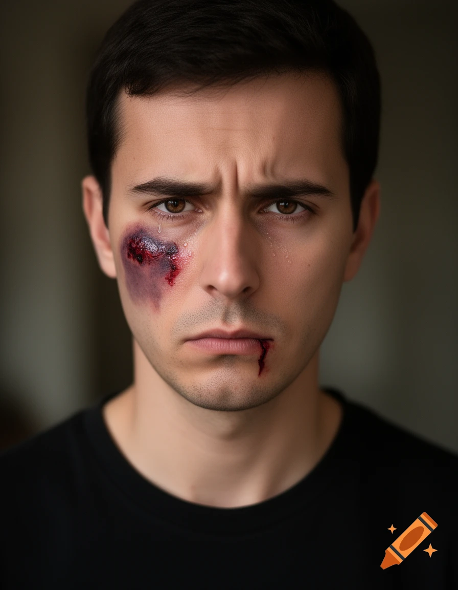 Close-up portrait of a distressed man with a black eye and blood on his lip, wearing a black t-shirt.