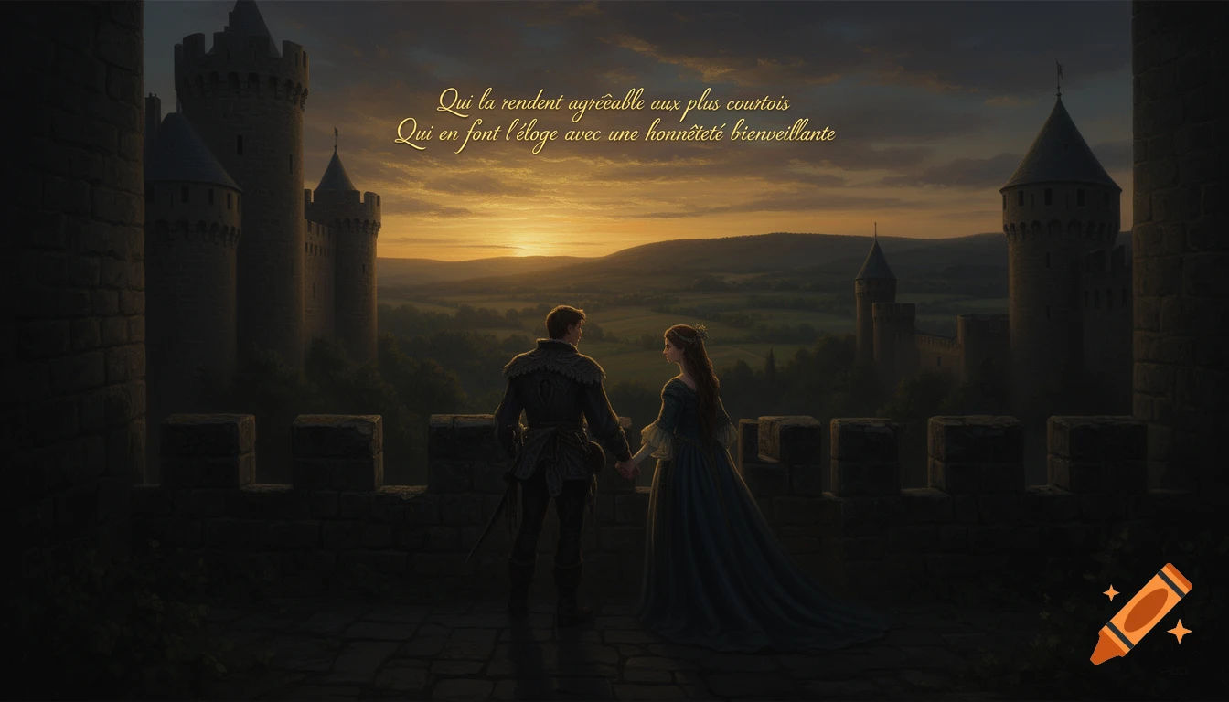 A medieval troubadour and noblewoman hold hands on castle ramparts, gazing at a golden sunset over rolling hills.