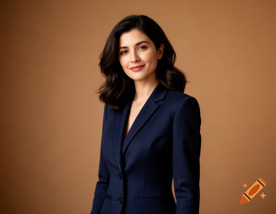 Photorealistic studio portrait of a smiling young woman with dark hair in a navy pinstripe business suit.