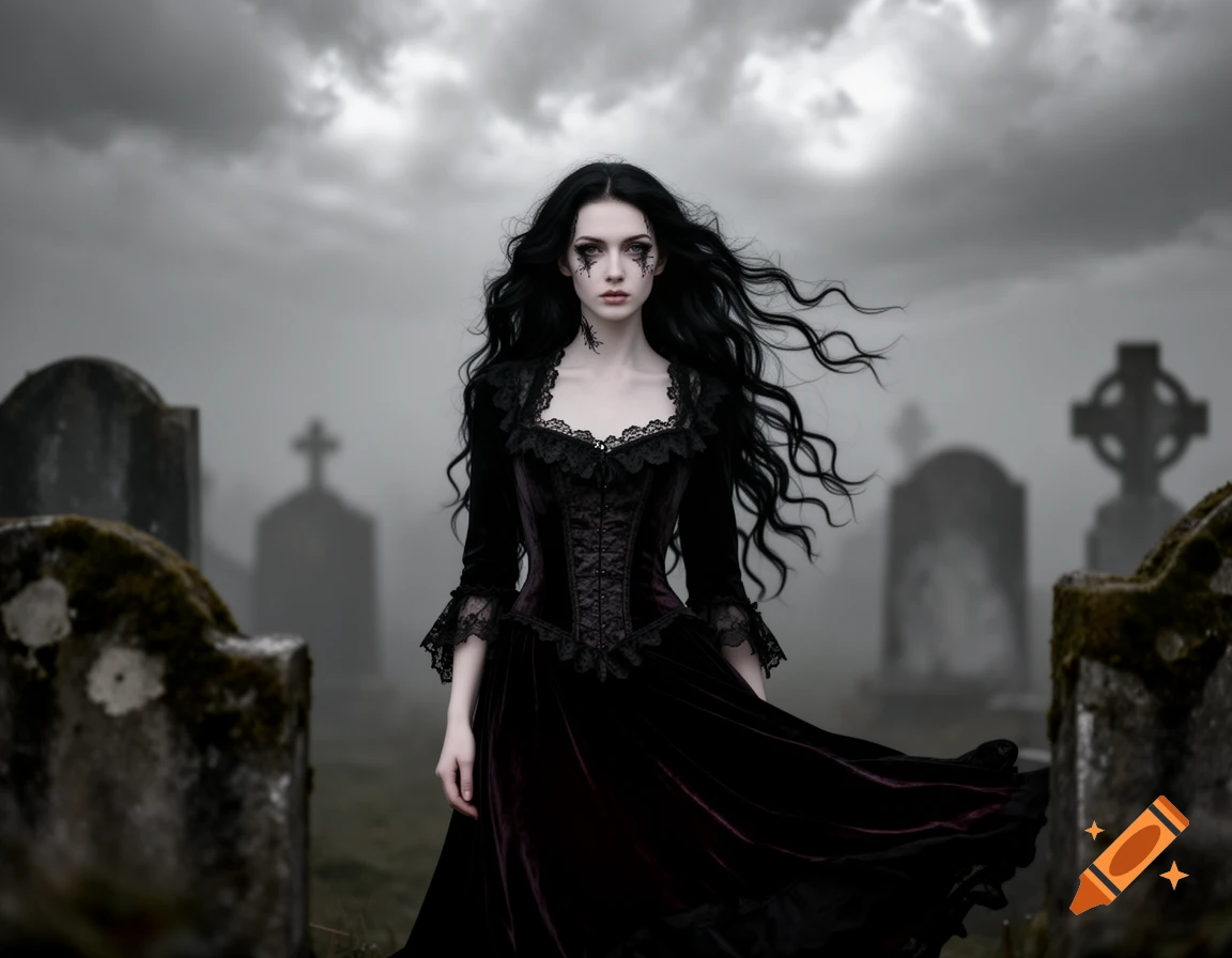 A gothic woman with long black hair and a black dress stands in a misty graveyard under a cloudy sky.