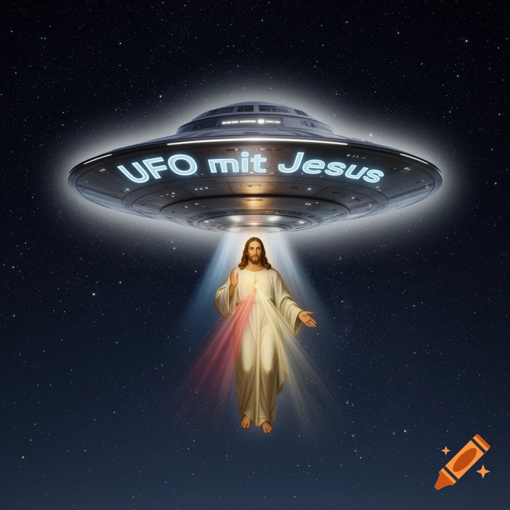 Jesus hovers beneath a large, glowing UFO in a starry night sky, with 'UFO mit Jesus' written on the spacecraft.