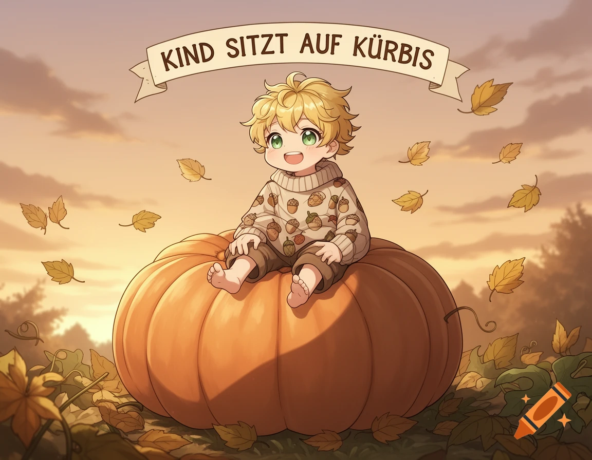 Chibi anime child with blonde hair and green eyes sitting on a large pumpkin amidst falling autumn leaves and a warm sky.