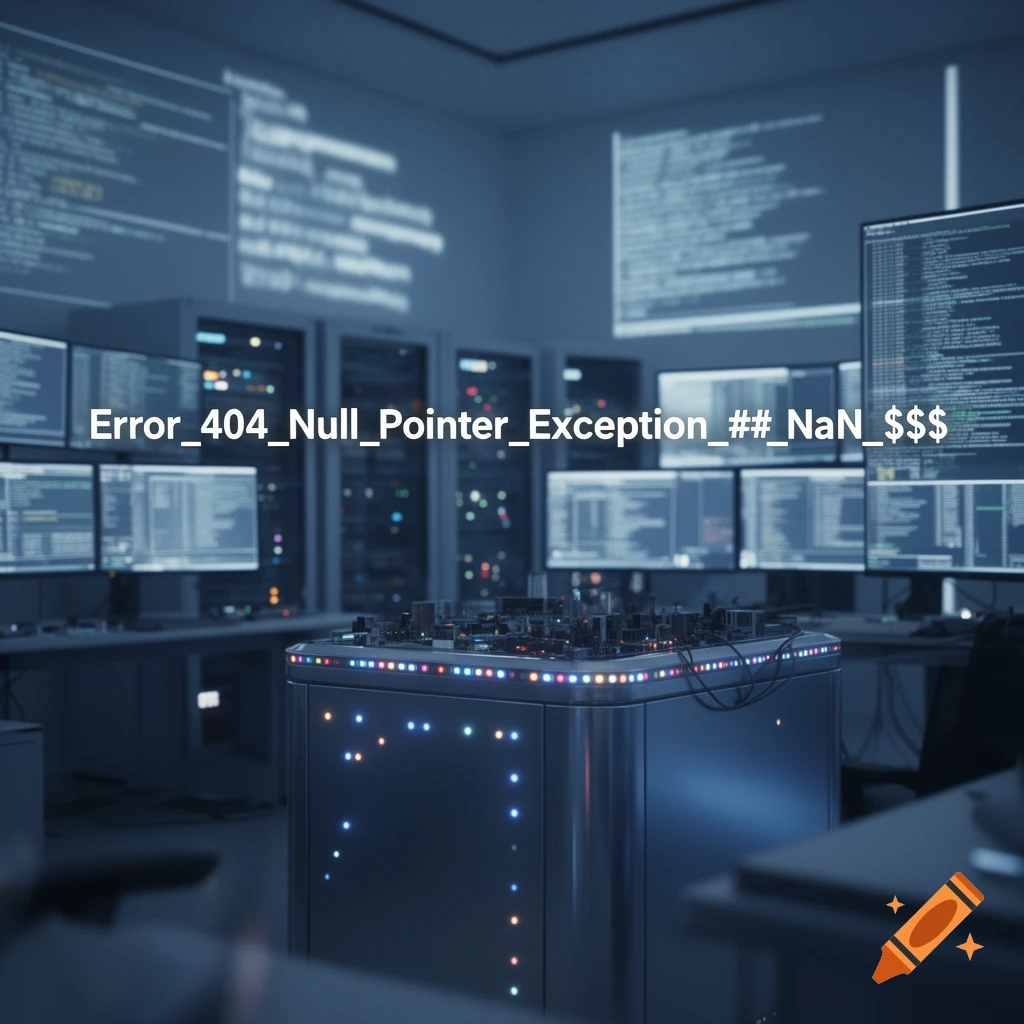 A glowing silver server cube in a dark, high-tech server room with multiple monitors displaying code, overlaid with large white text showing an error message.