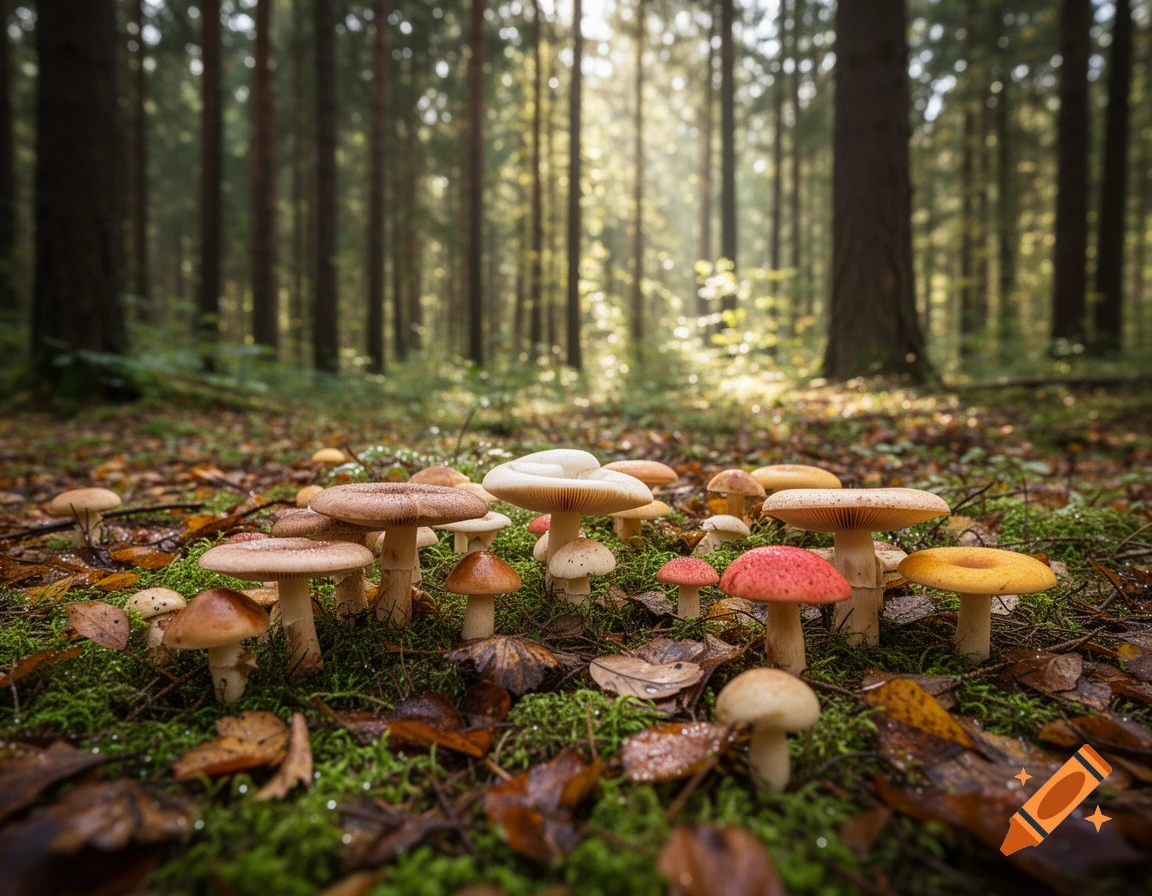 Photorealistic image of various mushrooms on a mossy forest floor with dappled sunlight shining through tall trees in the background.
