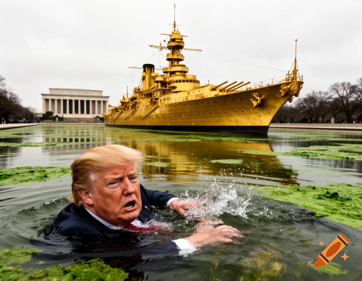 Photorealistic image of Donald Trump struggling in the algae-green Lincoln Memorial Reflecting Pool, with a giant golden battleship behind him.