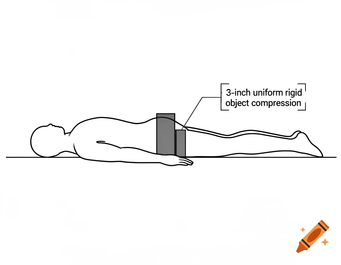 A black and white forensic schematic diagram shows a human figure lying face down with a 3-inch rigid object compressing the lower hip.