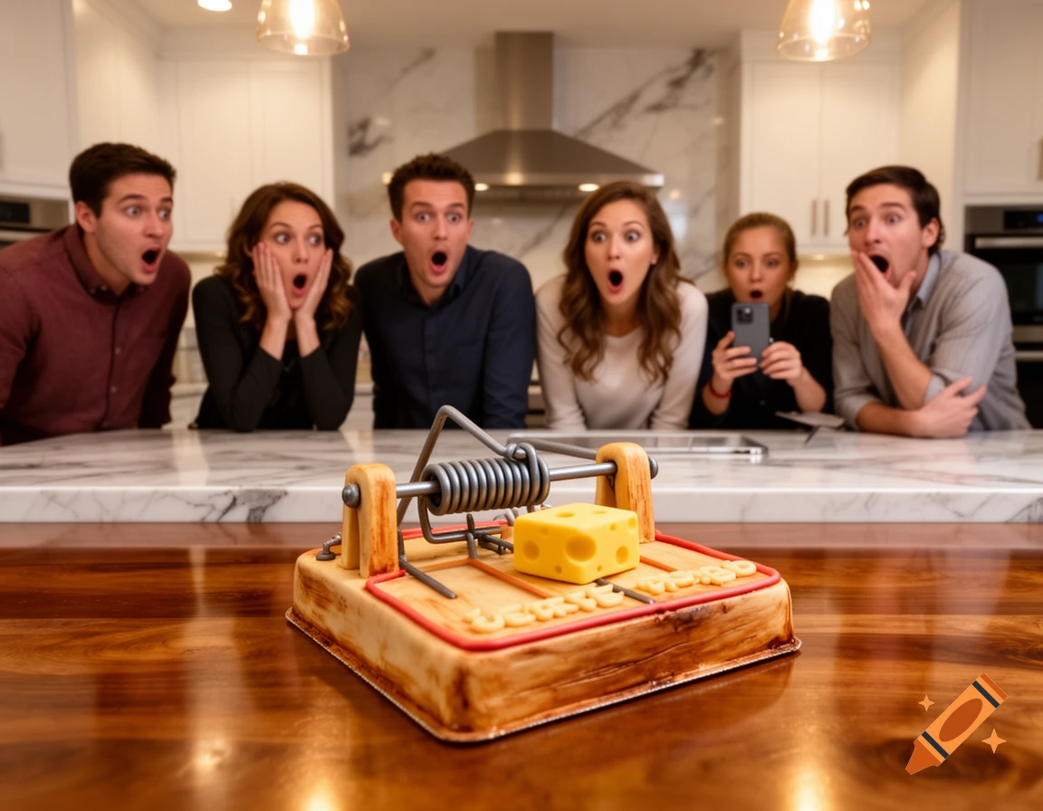 Six surprised people in a modern kitchen look at a realistic mousetrap cake with a cheese bait.