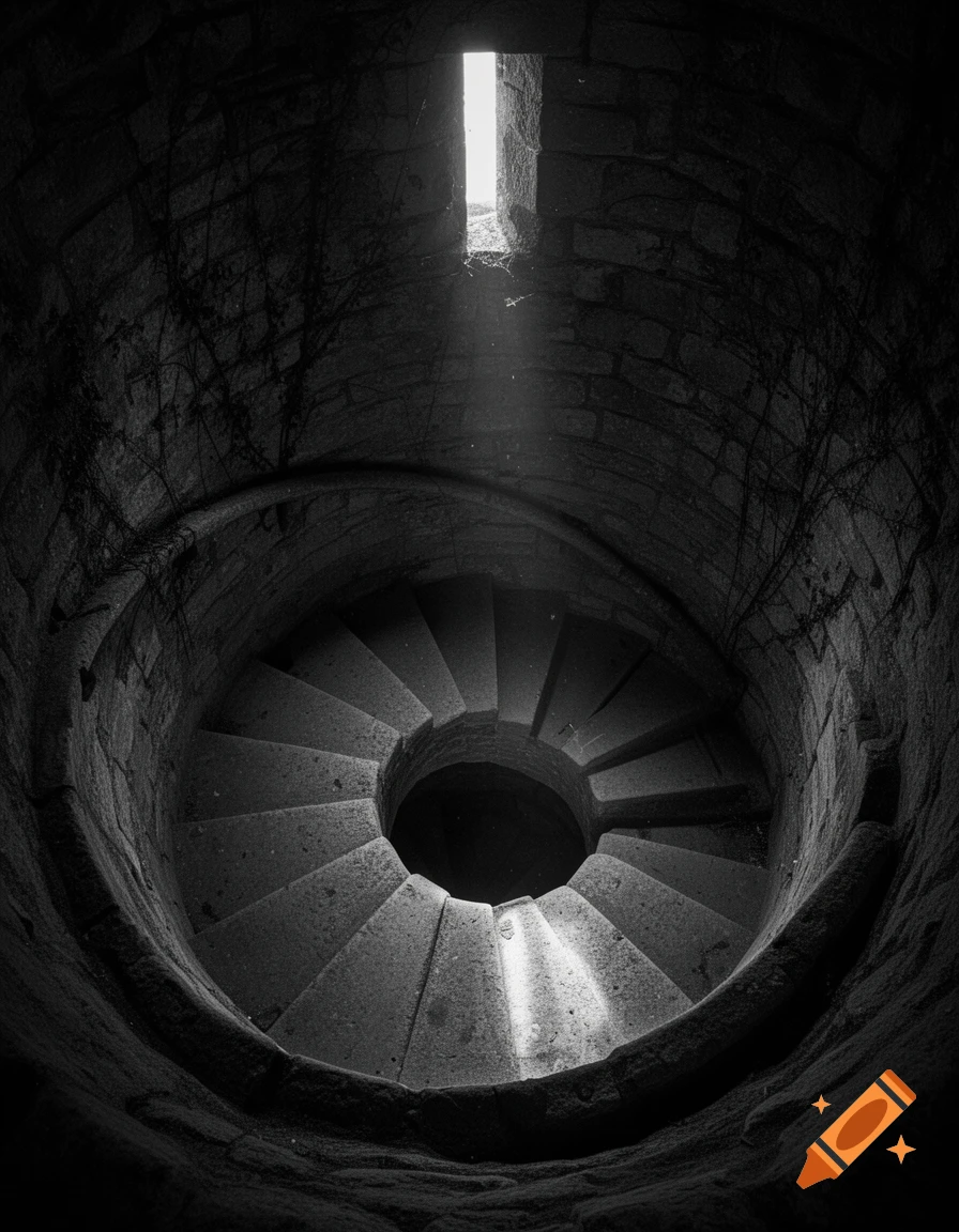 A monochrome, high-angle view looking down a dark stone spiral staircase in a dungeon, lit by a ray of light.
