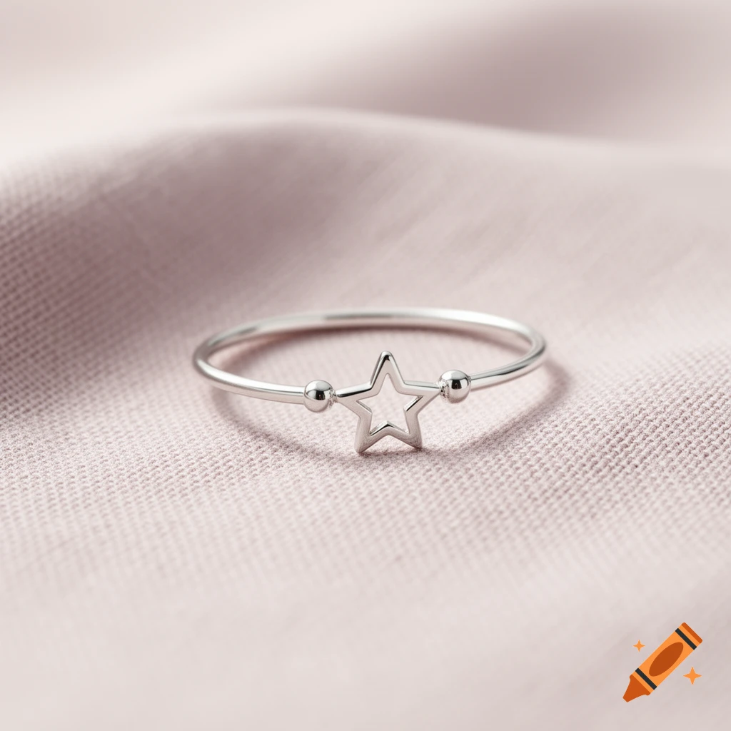 A minimalist sterling silver ring with a hollow star charm on pastel linen fabric.