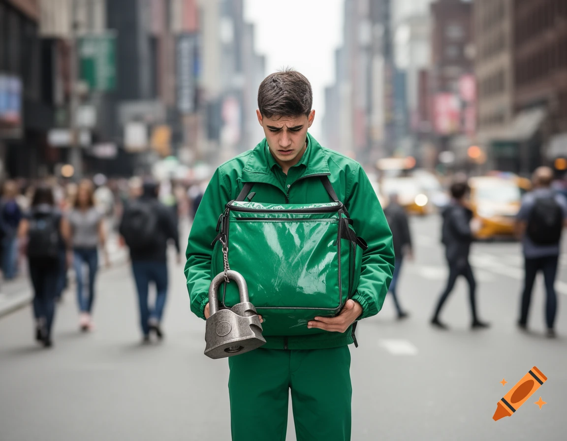 A young, upset male courier in a green uniform holds a green cooler bag with a large padlock on a busy city street.