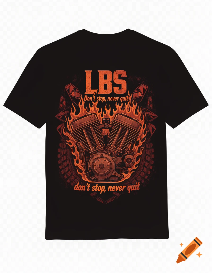 Black t-shirt with a grunge style graphic of a flaming motorcycle engine, "LBS" and "Don't stop, never quit" text.
