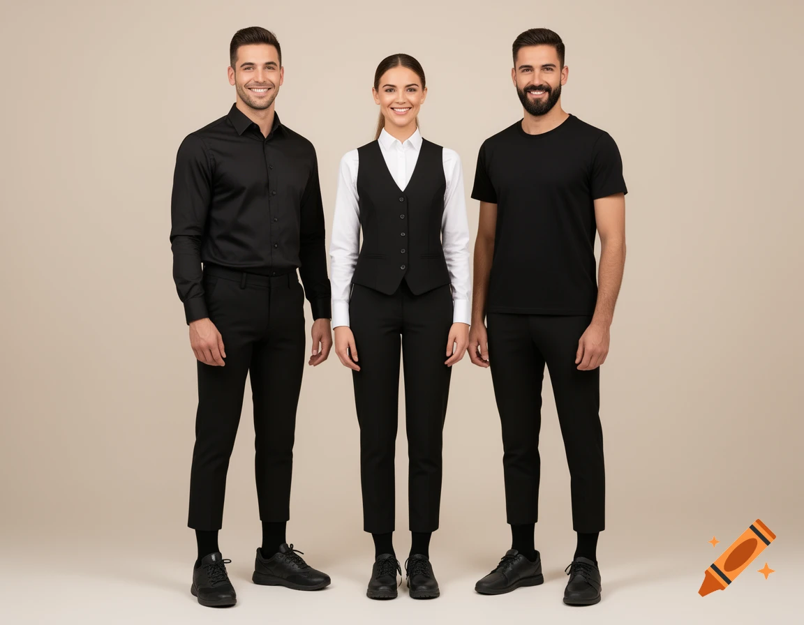 Three smiling individuals, two men and one woman, stand side-by-side in professional black and white uniform attire against a neutral background.